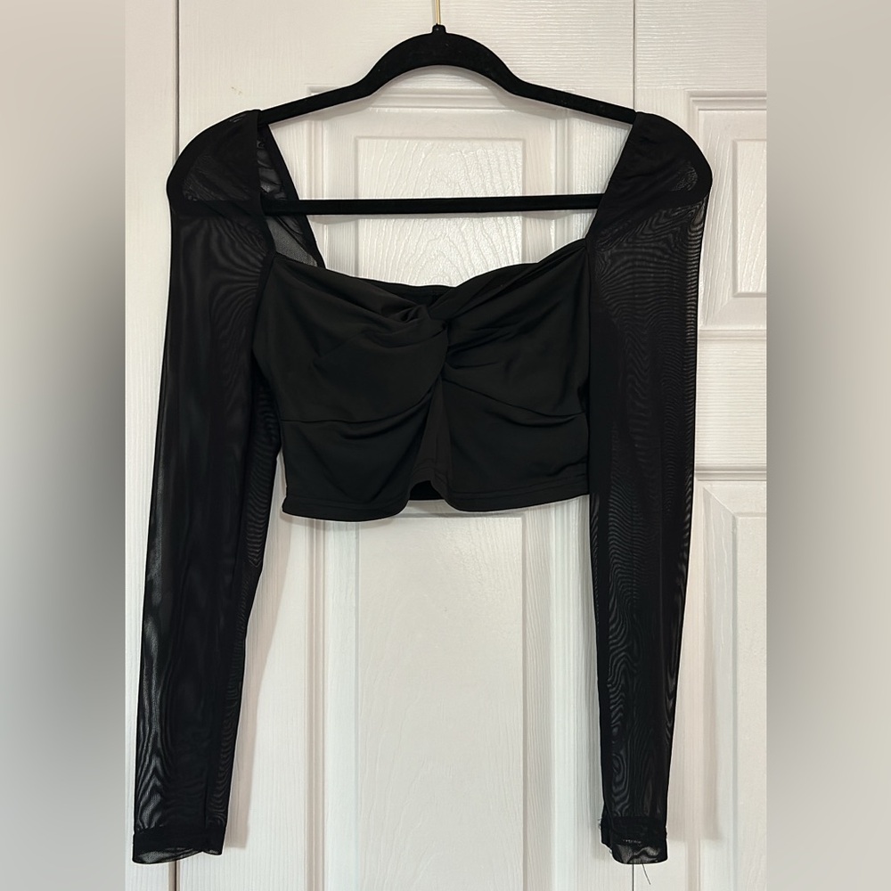 Black twist top with mesh sleeves